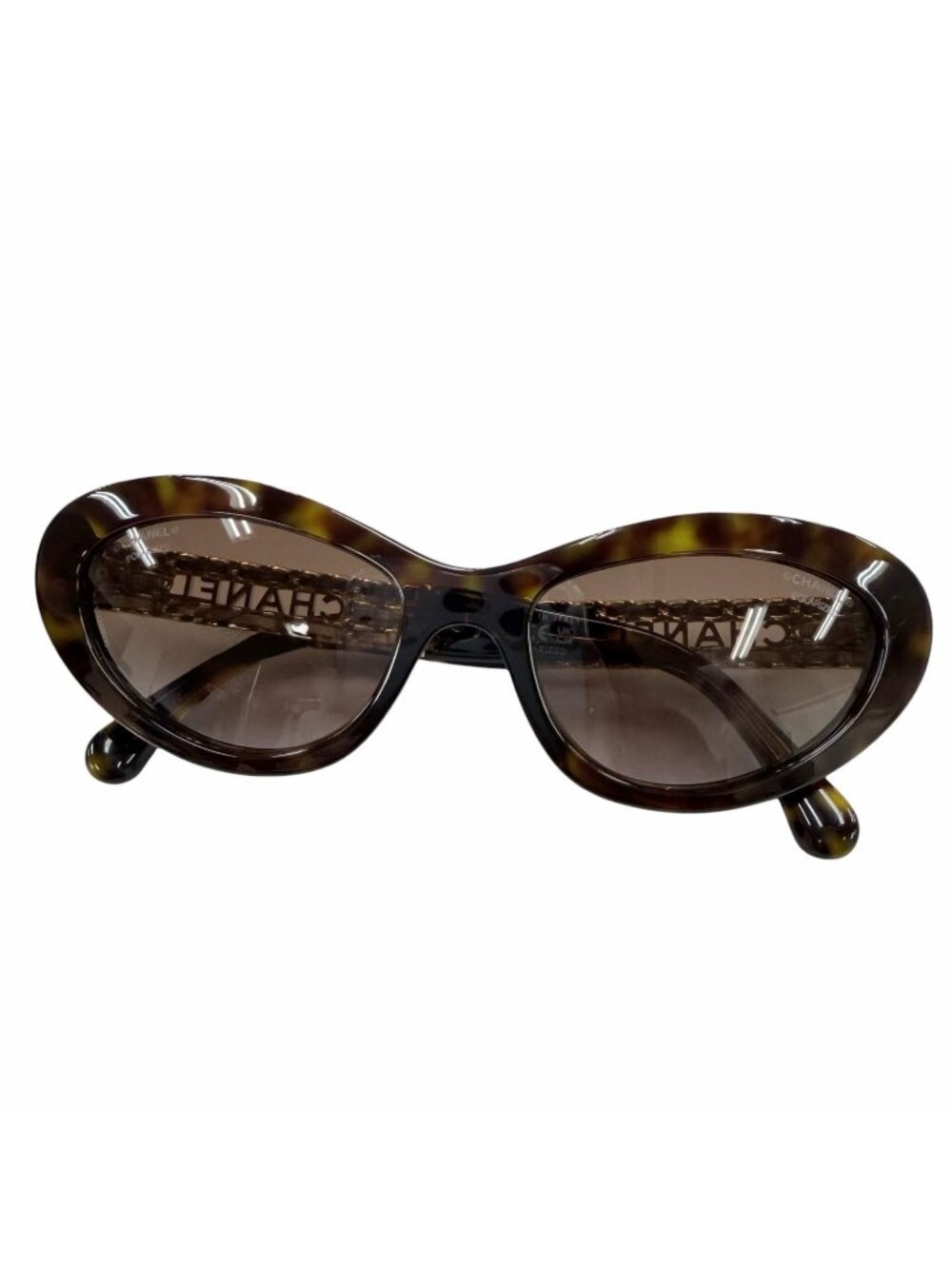 Chanel Logo Leather Cat Eye Sunglasses Brown Marble Gold Demo Lens Eyewear